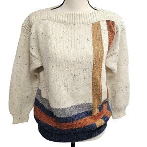 Vtg 90s Lizsport Womens Sz P Knit Boat Neck Pullover Striped‎ Sweater Wool Blend